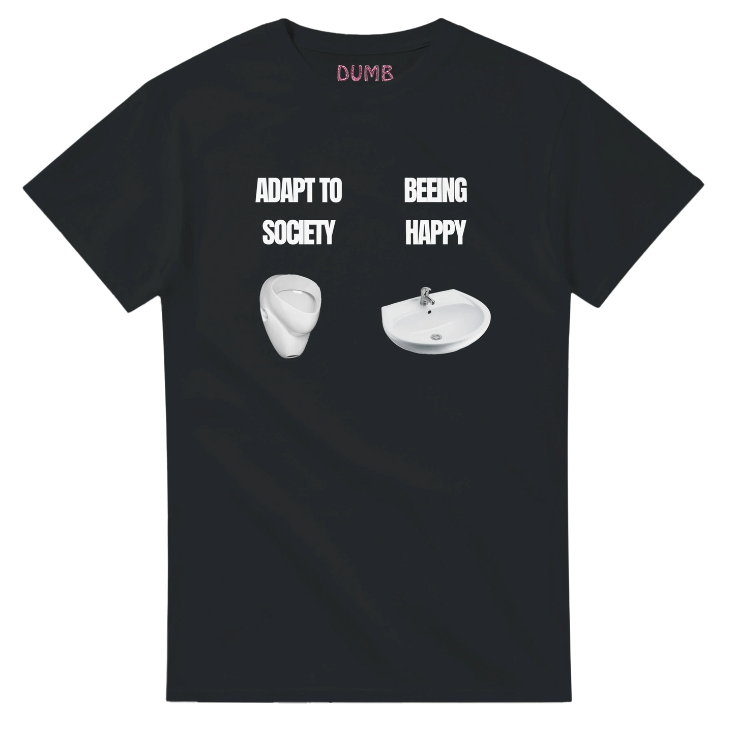 Black T-shirt with a humorous social satire design – 'Adapt to Society' featuring a urinal and 'Being Happy' with a sink. A deep-message streetwear piece combining wit and social commentary, perfect for urban fashion enthusiasts front side.