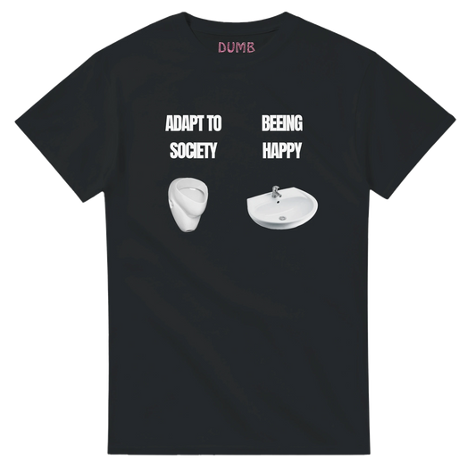 Black T-shirt with a humorous social satire design – 'Adapt to Society' featuring a urinal and 'Being Happy' with a sink. A deep-message streetwear piece combining wit and social commentary, perfect for urban fashion enthusiasts front side.