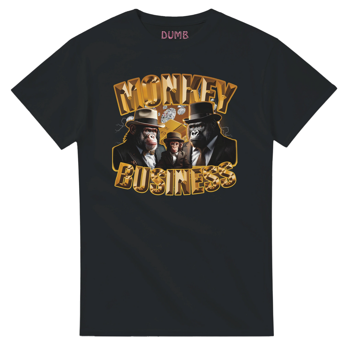 Black T-shirt featuring a high-quality print of a mafia-style monkey design. The artwork includes two gorillas in suits, a small monkey in the center, and the bold golden text 'Monkey Business'. Perfect for streetwear and urban fashion enthusiasts Front side.
