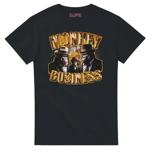 Black T-shirt featuring a high-quality print of a mafia-style monkey design. The artwork includes two gorillas in suits, a small monkey in the center, and the bold golden text 'Monkey Business'. Perfect for streetwear and urban fashion enthusiasts Front side.
