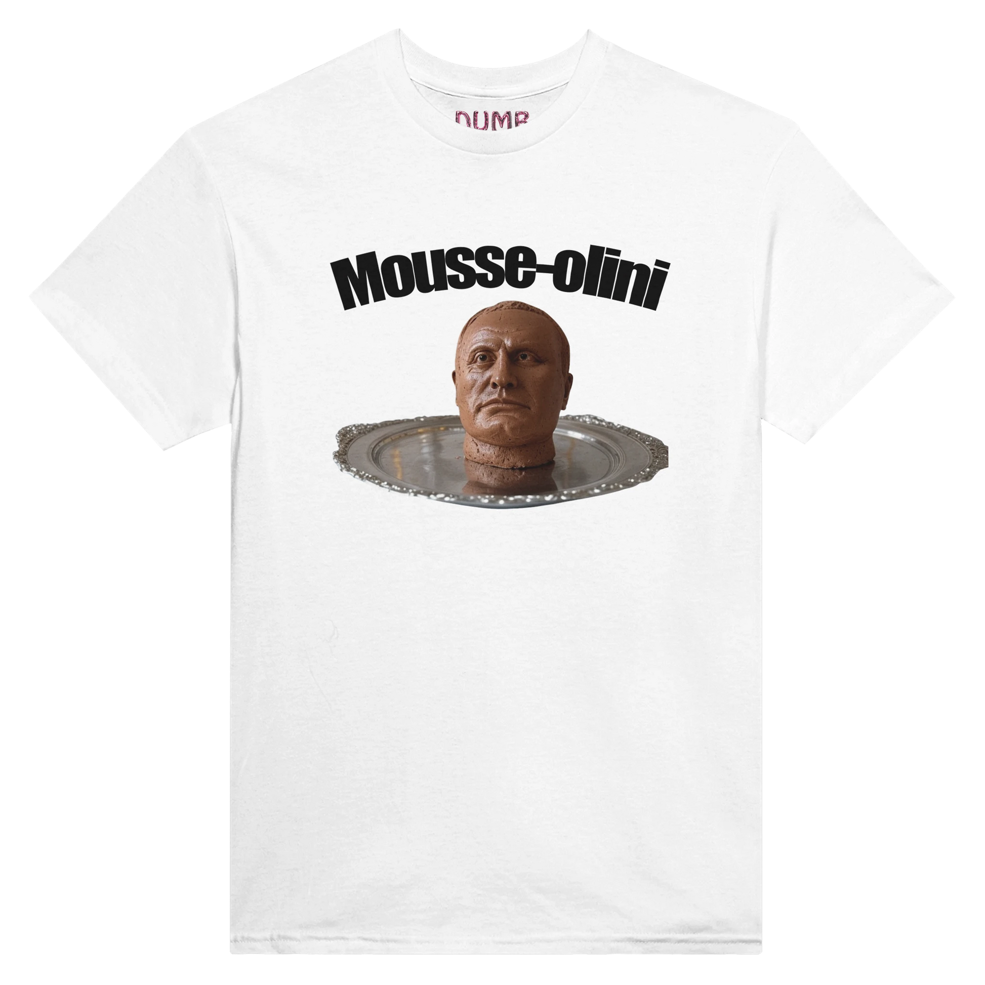 Humorous Mussolini de Chocolate T-shirt featuring a stylized chocolate mousse with a satirical depiction of Benito Mussolini's face, adorned with baroque feather background. Black bold text 'MUSSOLINI de CHOCOLATE' on a white Gildan 5006 heavyweight unisex crewneck shirt. Perfect for satire lovers and unique fashion statements.